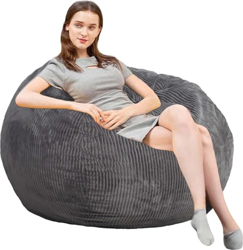 Sitzsack-Stuhl, 122 cm, mit Memory-Schaum gefüllter Sitzsack mit hochwertigem Cordbezug, weiches Kaninchenfell, Sitzsack für Erwachsene, Kinder (Grau)