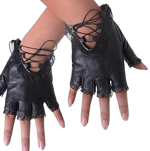 QWUVEDS Halbfinger-Handschuhe für Damen, zum Fahren, Sport, rutschfest, fingerlos, Spitzendesign, Reiten und Tanzen Latex Handschuh (Black, One Size)