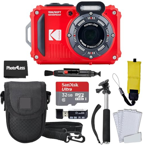 KODAK PIXPRO WPZ2 Rugged Waterproof Digital Camera, Red Bundles with Case, Monopod, Card Reader and More (9 Items)
