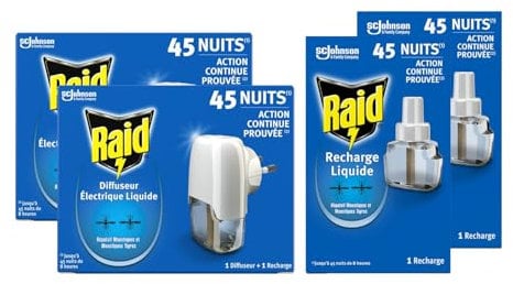 Raid Diffuseur Électrique Liquide - Répulsif Moustiques et Moustiques Tigres 45 Nuits - Sans Parfum Ajouté - 2 Diffuseurs + 4 Recharges