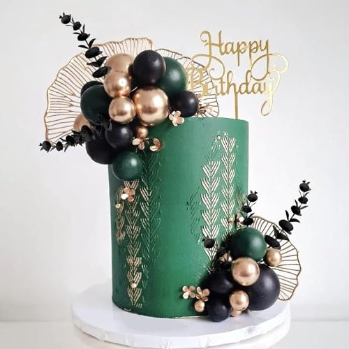 Boho Cake Topper Gold Black Green Balls Cake Decorations Palm Leaves Black Eucalyptus Grass for Wedding Birthday Boho Themed Party Supplies (Green)