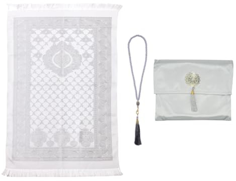 Hitopin Muslimischer Gebetsteppich mit Perlen, Muslimischer Gebetsteppich mit Eleganter Stoff-Tasche, Gebet Teppich Matte, Islamische Gebetsmatte, für Geschenke, Ramadan, Gebet (Grau)