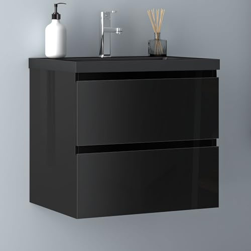 Biubiubath Badezimmermöbel 60cm Schwarz Mineralguss Waschtisch mit Unterschrank Badmöbel Set Badezimmerschränke mit 2 Soft-Close Schubladen Hochglanz Schwarz