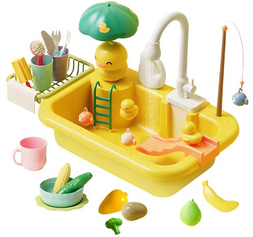 RoserRose Lavabo Juguete con Grifo Eléctrico - Juego de Pesca Flotante - Circulación Automática del Agua, Accesorios de Cocina Juguetes, Juguete Educativo para Niños 3-8 Años (Patito Amarillo)