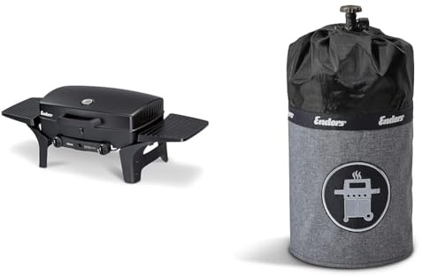 Enders® Gasgrill URBAN, Tischgrill, Grillen-, Kochen- und Backen Funktion & Gasflaschenhülle Style Black 5115, Gasflasche Grill-Abdeckung 5 kg, Keine Rostränder durch Silikonfüße, feuerfest, UV-Schutz