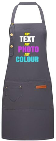 Delantal Personalizado Con Foto, Logo, Texto | Impermeable Para Cocina y Barbacoa | Ajustable Para Hombre y Mujer (Gris)