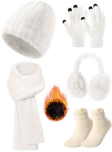 Voqeen Winter Beanie Mütze Schal & Handschuh-sets für Damen gestrickt Ski Schnee Skull Cap mit Fleece gefüttert Long Large Scarfs Touchscreen Handschuhe Fuzzy Ohrenschützer Socken Set für Frauen