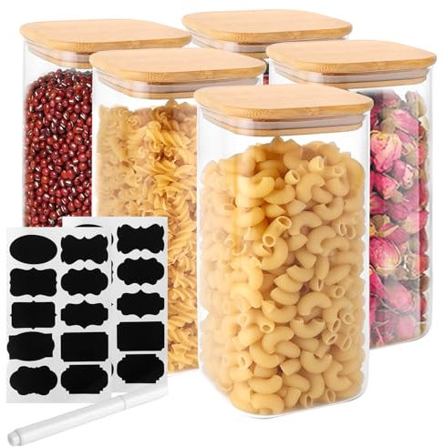 GBACHOOSE 5er Set Vorratsgläser mit Deckel, 1500ML Vorratsdosen mit Deckel Iuftdicht Glas, Glasbehälter mit Bambus deckel für für Spaghetti, Zucker, Pasta, Nudeln, Mehl