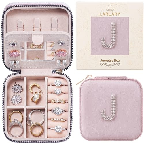 Larlary Reise Schmuckkästchen, Reise Schmuckkästchen für Ringe, Ohrringe, Halsketten und Armbänder mit Buchstaben - Rosa (J)