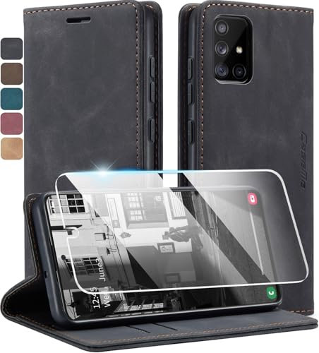 Premium Leder Flip Hülle für Samsung Galaxy A51 5G – [Inklusive kratzfestem Displayschutz] – 360° Rundum-Schutz mit Kartenfächern, Magnetverschluss & Standfunktion – A51 (Schwarz, Samsung A51)