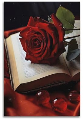 ZZBYMX Blumen-Poster, rote Rose und Buch, dekoratives Gemälde, Leinwand, Wandposter und Kunstdruck, moderne Familienschlafzimmer-Dekoration, Poster, 20 x 30 cm