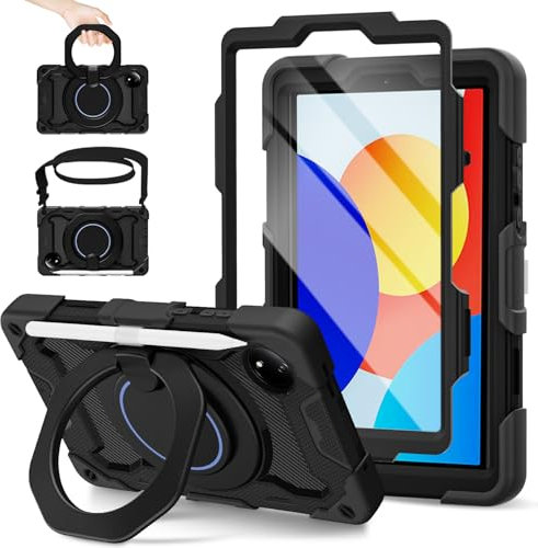 ROISKIN Étui de protection pour Xiaomi Redmi Pad SE 8,7 2024 avec film de protection d'écran, bandoulière et porte-stylo, Heavy Duty résistant aux chocs, militaire Redmi Pad SE 8,7, support rotatif
