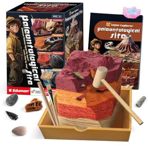 EDUMAN Paläontological Site Fossilien-Grabset für Kinder, graben Sie 4 geologische Epochen mit Dinosaurier-Fossil, Stein, Muschel, Meeresbewohner, Ausgrabungs-Set, pädagogische Wissenschaft