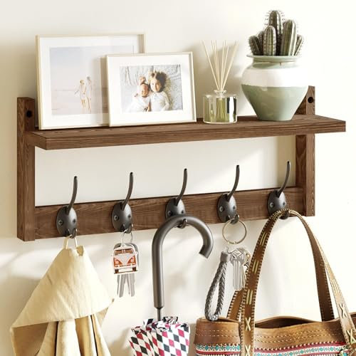 AMBIRD Wall Hooks with Shelf Entryway Wall-Mounted Shelf Wooden Coat Hook Rack Featuring 5 Dual Hooks for Bathroom, Living Room, Bedroom (Retro - 43.5cm)