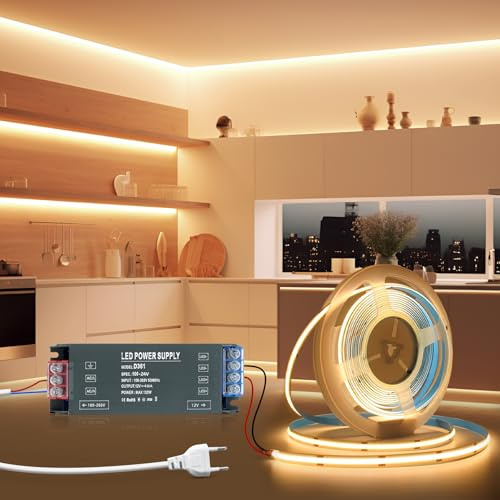 BRIMETI LED Streifen Strip 5M COB Selbstklebend 24V Warmweiss Flexibel 8mm Breite Band Vitrinenbeleuchtung LED Licht DIY Leiste 320LEDs/M 3000K, mit Trafo 24V 100W und 1 Meter Stecker Netzkabel