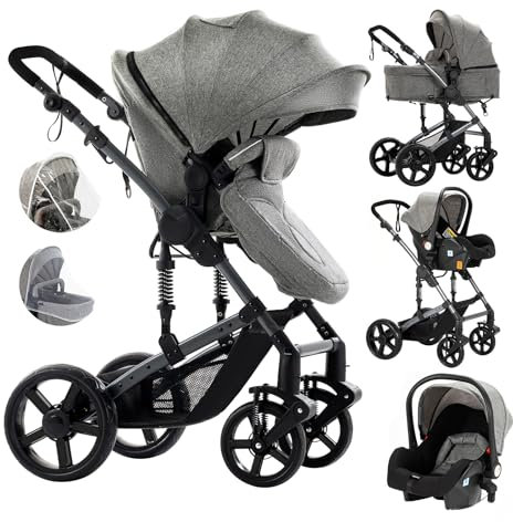 Veitoalioy Kinderwagen 3 in 1, Bequemer Multifunktionaler Kombikinderwagen 3 in 1 Komplettset, Aluminium Hohe Landschaft Babywagen, Faltbarer Kinderwagen Set (588 Grey)