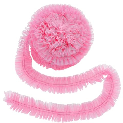 WADORN 10 m Spitzenbesatz Mit Rüschen Und Plissee, 6.4mm Breites Rosa Spitzenband Mit Rüschen Organza Rand Geraffter Tüllstoff Applikation Randbesatz Besatzband Zum Basteln Nähen Brautkleid Kostüm