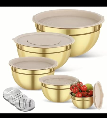 Premium 10-Piece Mixing Bowl Set, Gold Stainless Steel with Lids, Nesting Design, Grater Attachments, Kitchen Food Storage and Prep