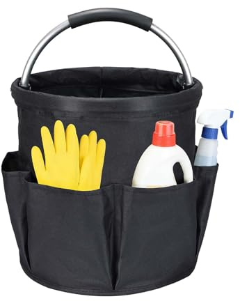 DASBET Cleaning Caddy with Handle, Collapsible Cleaning Caddy & Tool Bucket | Multi-Pocket Cleaning Bag and Garden Tool Bag Organiser, Portable Storage Basket, Black
