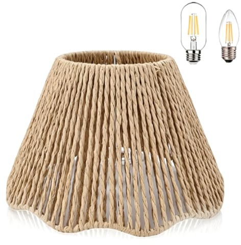 Abat-jour en rotin E27 E14, abat-jour de bureau en corde tissée, 4,33 en haut x 8,66 en bas x 5,51 de haut, ourlet ondulé vintage pour cuisine, chambre à coucher, café