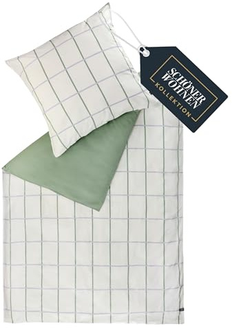 SCHÖNER WOHNEN Perform Bettwäsche 135x200 Baumwolle Grün - Frühlingsbettwäsche Karo Design - ÖKO-TEX Bettwäsche-Sets 2teilig aus 1x Bettwäschebezug 135x200cm & 1x Kopfkissenbezug 80x80cm
