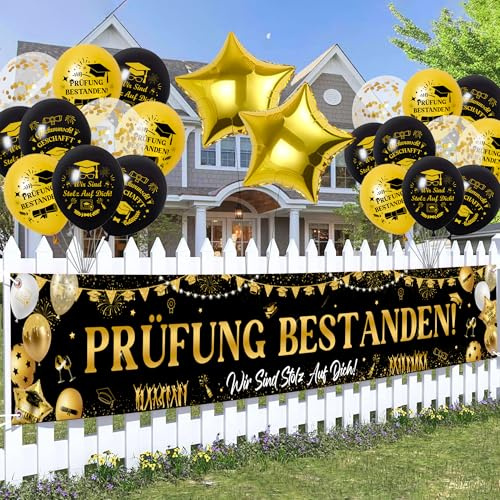 Prüfung Bestanden Deko Luftballons Banner - Abschluss Dekoration Schwarz Gold Ballons und Lange Partybanner, Folienballon für Abitur Abschlussfeier Graduation Graduierung Party (Schwarz Gold)