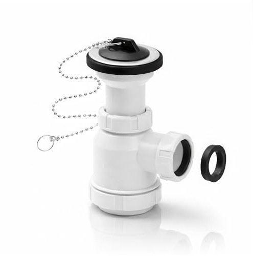 Sifón de Botella Corto Extensible para Lavabo y Bidé Racor 1 1/2 Salida Ø40 mm con Reducción Ø32 mm Antiolor, Antifugas Polipropileno | Incluye Válvula | Instalación Fácil | F-3 Fluvia
