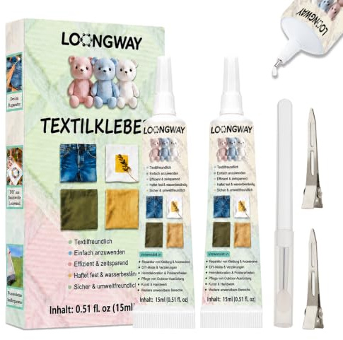Pegamento textil, 2 unidades de 15 ml, no requiere costura, pegamento especial para tela textil, para algodón, vaqueros y más, adecuado para rugosos, lavados y planchado, pegamento textil