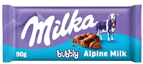Milka, Bubbly, Tavoletta di Cioccolato al Latte con Morbido Cuore al Cacao, 100% Latte Alpino, Cacao Sostenibile, 90g