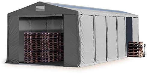 TOOLPORT Lagerzelt Industriezelt 8x12 m Zelthalle mit Oberlicht 3,6m Seitenhöhe PVC Plane 850 N grau wasserdicht Ganzjahreszelt mit Reißverschlusstor