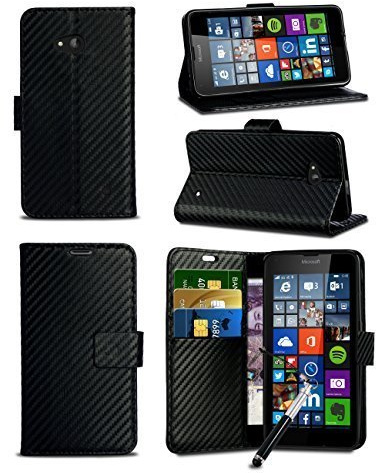 London Gadget Store Compatible with Samsung Galaxy Core Prime G3608 - Carbon Fibre Style Leather Wallet Flip Skin Case Cover with Retractable Capacitive Stylus in Black