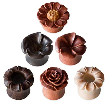 Fly Style 1 Stück Blumen Flesh Tunnel Blüten Ohr Plug aus Holz - Natur Piercing-Schmuck, Grösse:10 mm, Modelle:Modell E