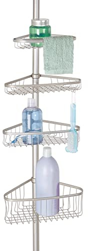 mDesign Mensola doccia – Servitore da bagno in metallo, montaggio senza foratura, ideale per shampoo, rasoi, spugne, ecc. – satinato
