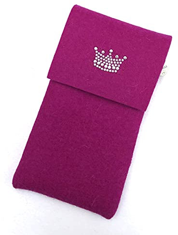 zigbaxx Handyhülle LITTLECROWN Handytasche Filz für iPhone 15 14 13 12 11 8 Plus Pro Max X XS XR, Smartphone-Hülle handmade Wollfilz Krone Strass pink schwarz beige grau braun