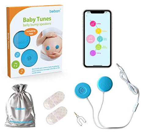 Auriculares Baby-Bump – Reproduce y comparte música, sonido y voces en el útero – Sistema de altavoces premium Baby Bump – Incluye aplicación bebon Tunes (iOS y Android) (azul)