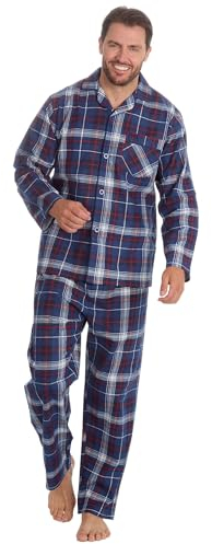 Kentex Online Mens Warm Brushed Cotton Traditional Pyjama Set Nightwear Flannelette Pyjamas Assorted Patterns Designs (Large, Blue+Wine Stripe 31b)