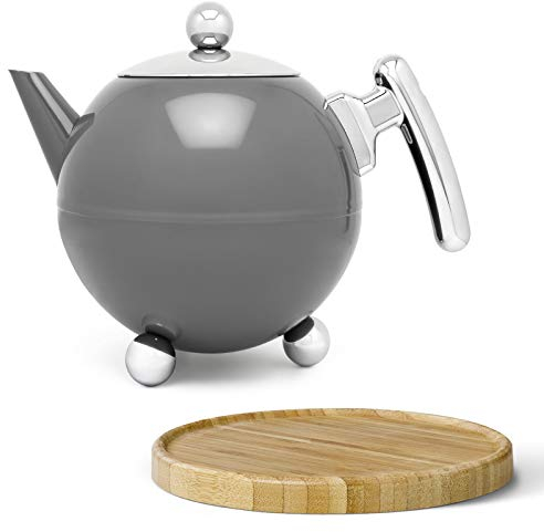 Bredemeijer Bella Ronde Edelstahl-Teekannen-Set 1,2 L - Doppelwandige Edelstahlkanne in Kugelform mit Füßen, grau - Mit braunem Untersetzer, ohne Siebeinsatz, ideal für Teebeutel & losen Tee