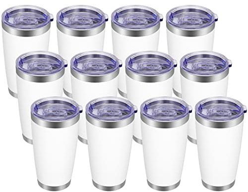 VEGOND 20oz Tumbler with Lid and Straw Stainless Steel Tumbler Cup Bulk Vacuum Insulated Double Wall Travel Coffee Mug Powder Coated Coffee Cup(White 12 Pack