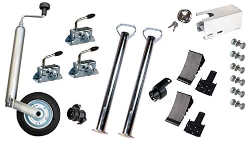 PKW-Anhänger Zubehörset: Stützrad, Stützen 700 mm, Klemmhalter, Keile inkl. Halter, Kastensicherung, Schloss und Adapter inkl. Befestigungsmaterial