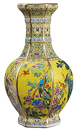 Fine Asianliving Vase Chinois Porcelaine Fleurs Oiseaux Jaune D19xH32cm Chinois Vase avec Couvercle Asiatique Jingdezhen Mandarin Décorative