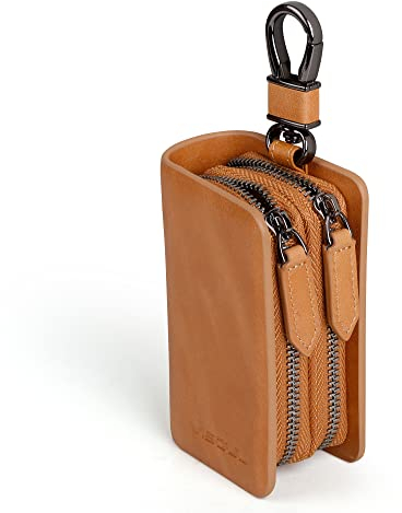VISOUL Echt Leder Autoschlüssel Abdeckung Schlüsseltasche Auto Schlüssel Anhänger Antik Vintage Karabienerhacken Tasche Doppelter Reißverschluss Hellbraun E01