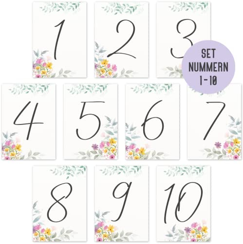 Tischnummern Hochzeit 1 bis 10 by Things of Happiness | Nummern Zahlen für Geburtstag Party Empfang Veranstaltungen Catering | Dekoration Hochzeit Tisch(Blumen Pastell)