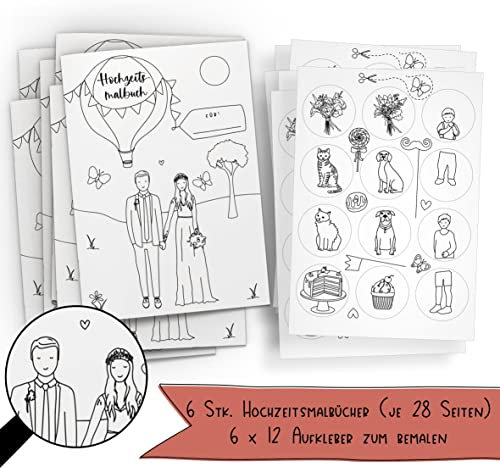 Schokoladenseite 6er Set: Hochzeitsmalbuch mit verschiedenen Brautpaar Designs und bemalbaren Aufklebern! 6 Malbücher für Kinder mit je 12 Aufkleber. (C+K, ohne Stifte)