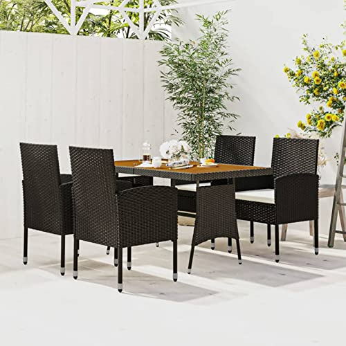 Tidyard 5-TLG. Garten Essgruppe 4 Personen, Sitzgruppe Esstisch mit Holz-Tischplatte & 4 Stühle mit Sitzkissen, Terrassenmöbel Gartenmöbel Set Poly Rattan Schwarz