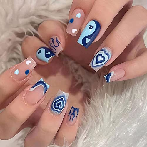 24Pcs Press on Nails Short Square Fake Nails Blue Heart Flame Glossy False Nails French Glossy Stick on Nails with Glue Stickers Reusable for Women and Girls