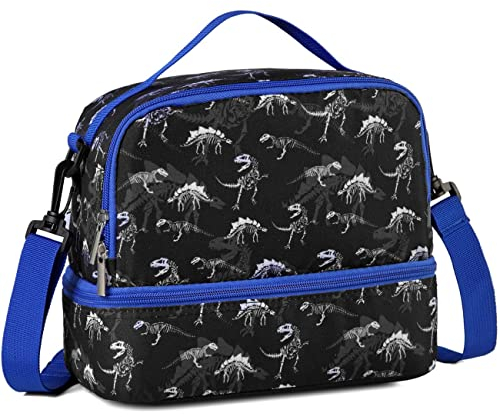 VX VONXURY Lunchtasche Kinder, Lunch Tasche für Jungen Mädchen, Isolierte Lunchbox mit Zwei Fächer und abnehmbarer Schultergurt für Frauen und Männer Schule Büro Picknick(Schwarzer Dinosaurier)