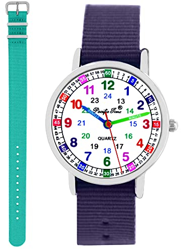 Pacific Time Kinder Armbanduhr Mädchen Jungen Lernuhr Kinderuhr Set 2 Textil Armband violett + türkis analog Quarz 11135