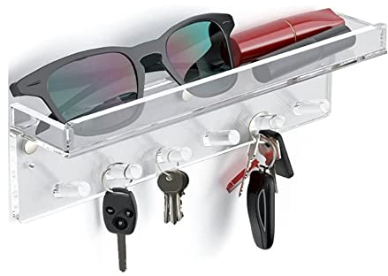 YUEHUA Magnetic Key Holder, Acrylic Key Rack with Tray, Self Adhesive Mail Organizer with Shelf and 6 Key Hooks, Metal Fridge Organizer (Clear)