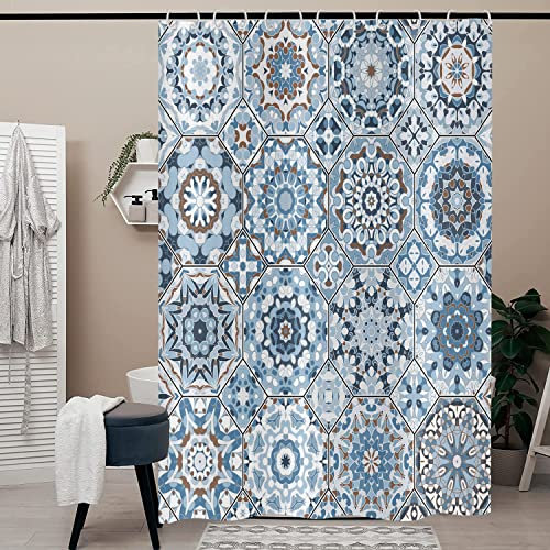 Duschvorhang Boho Blumen 180x220, Hnmdmyi Bohemian Blaue Mandala Blume Ethnisch Tribal Vintage Geometrisch Patchwork Ästhetisch Kunst Badewanne Vorhang Wasserdicht Polyester Stoff Waschbar Badevorhang