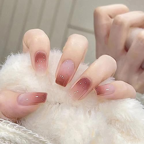 24 Pièces Faux Ongles Court Carrés Français Nude Rose Gradient Ongles à Coller Naturel Acrylique Bâton sur Les Ongles avec Autocollants Adhesif Ballerine Press on Nails pour Femmes et Filles